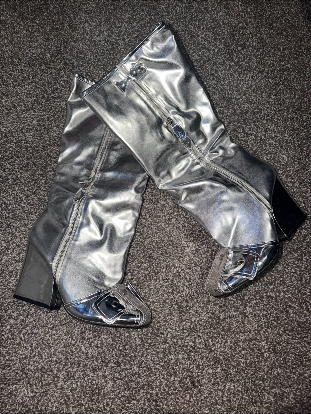 Silver Metallic Mid-Calf Block Heel Boots